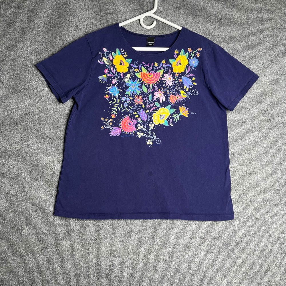 Sabaku Artwear Navy Blue Jardin Encantado Floral Bird Graphic T-Shirt Medium